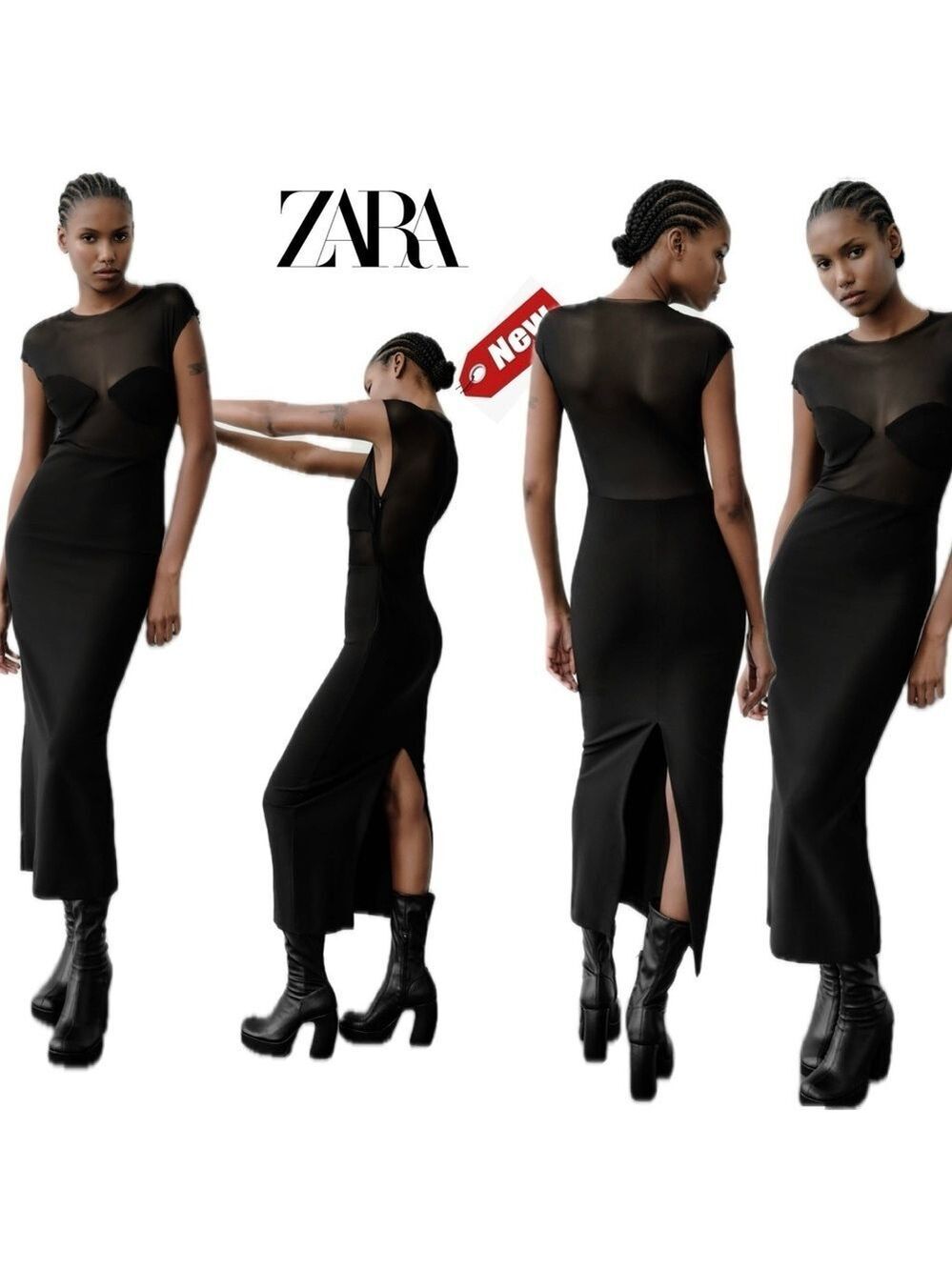 Zara black mesh tulle short sleeveless round neck midi bodycon dress sheer NWT